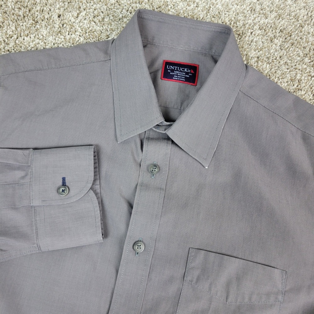 UNTUCKit Button Down Shirt Mens Medium Grey Solid Slim Fit Wrinkle Free Cotton